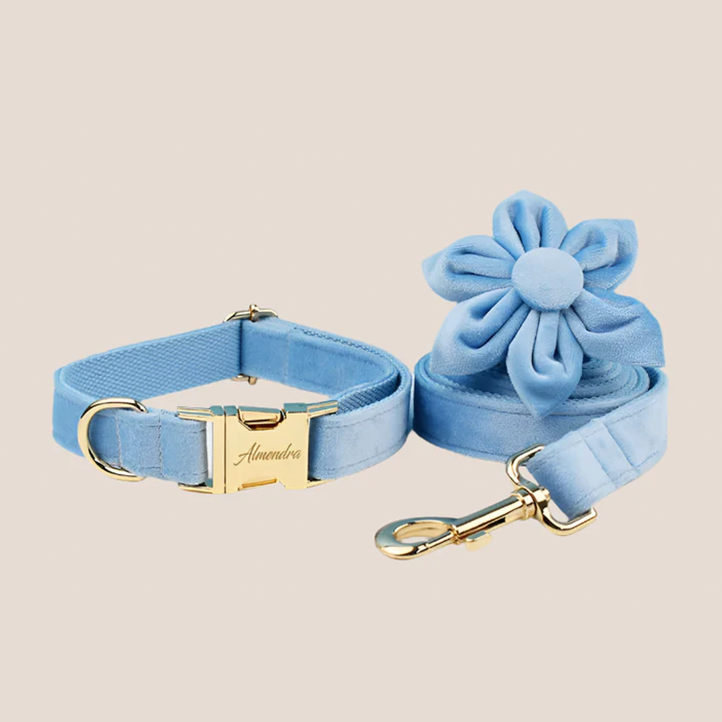 Personalized Pet ID Collar, Harness Leash & Accessories Set Light Blue Velvet