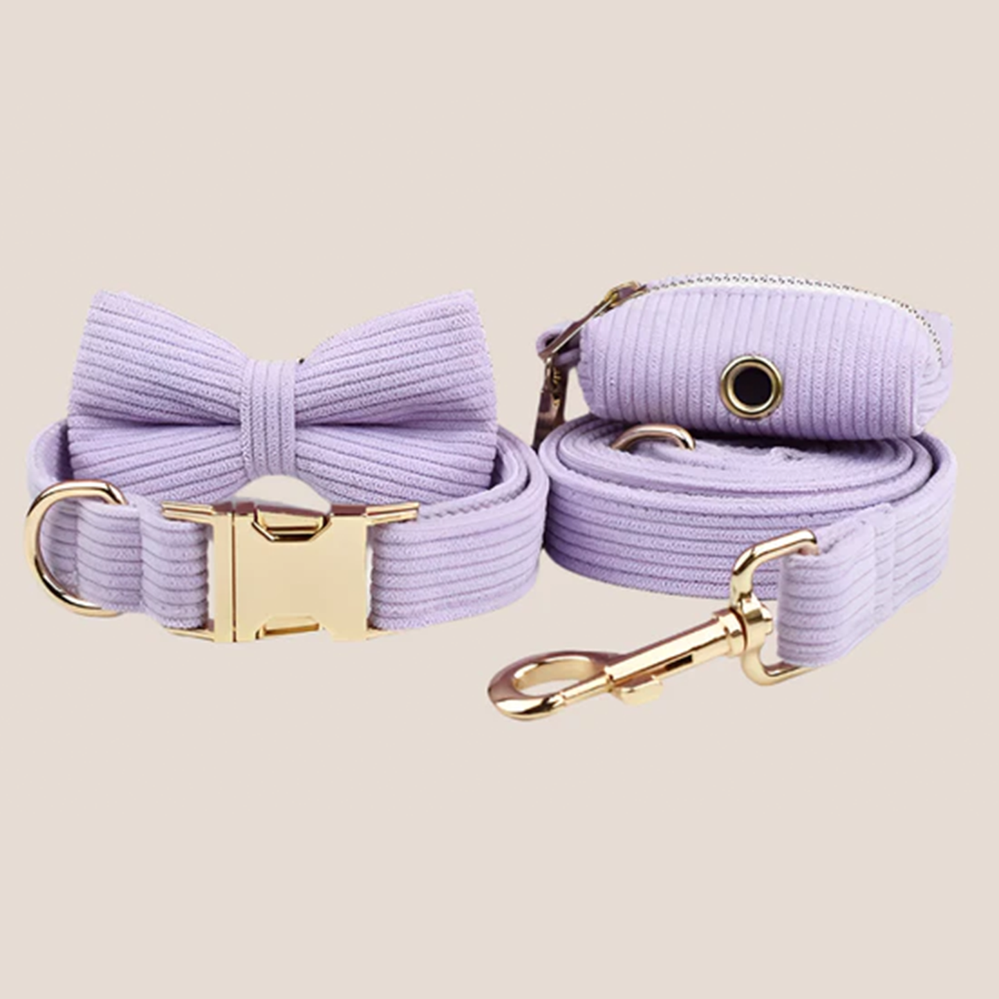 Personalized Pet ID Collar, Harness Leash & Accessories Set Lilac Corduroy