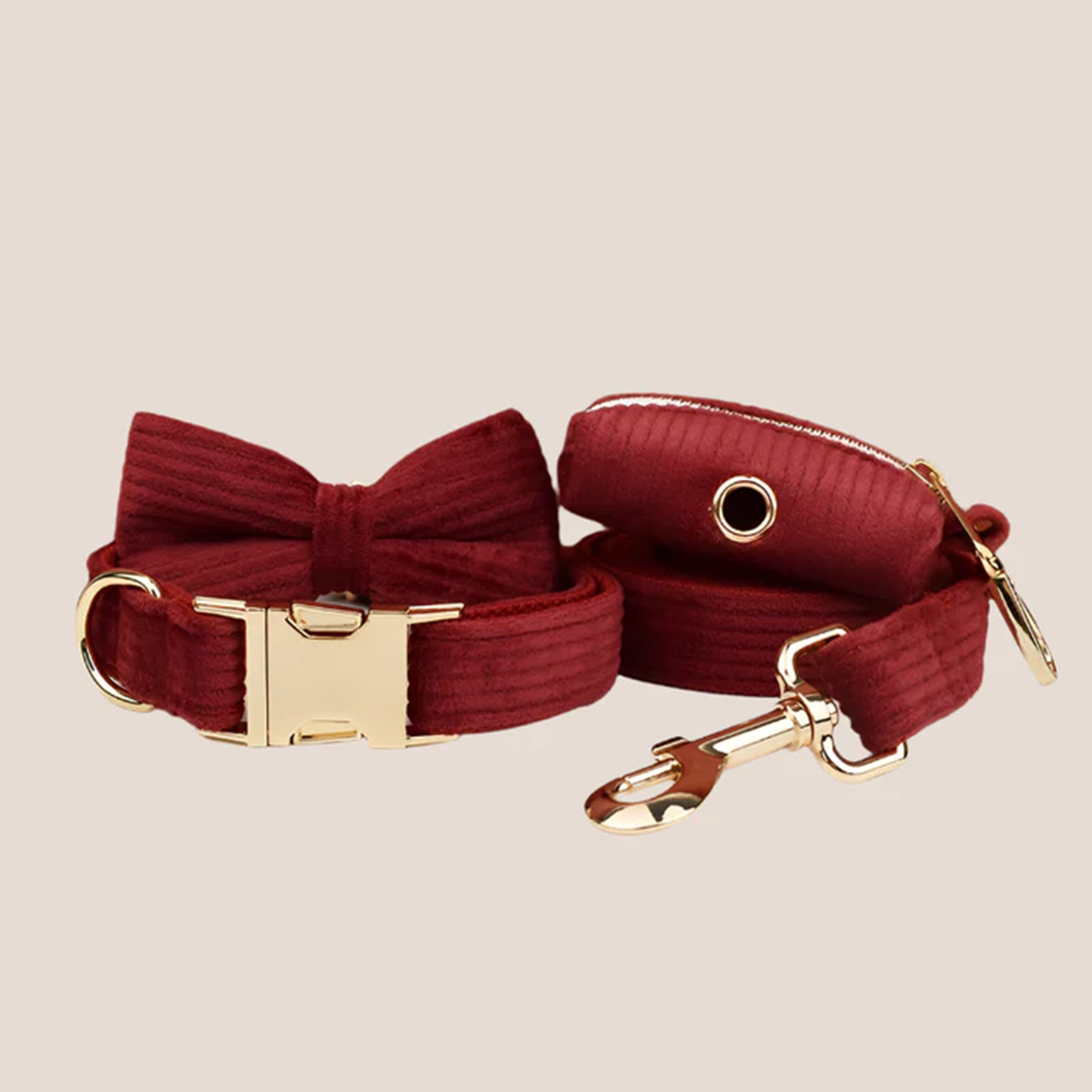 Personalized Pet ID Collar, Harness Leash & Accessories Set Maroon Corduroy
