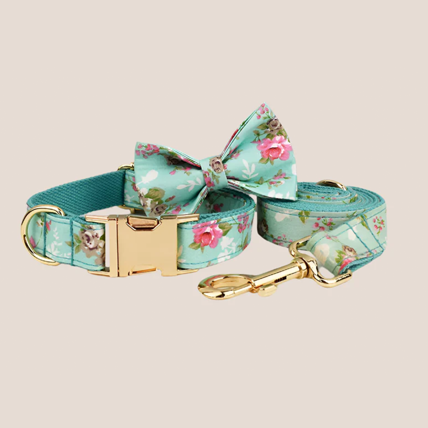 Personalized Pet ID Collar, Harness Leash & Accessories Set Mint Floral