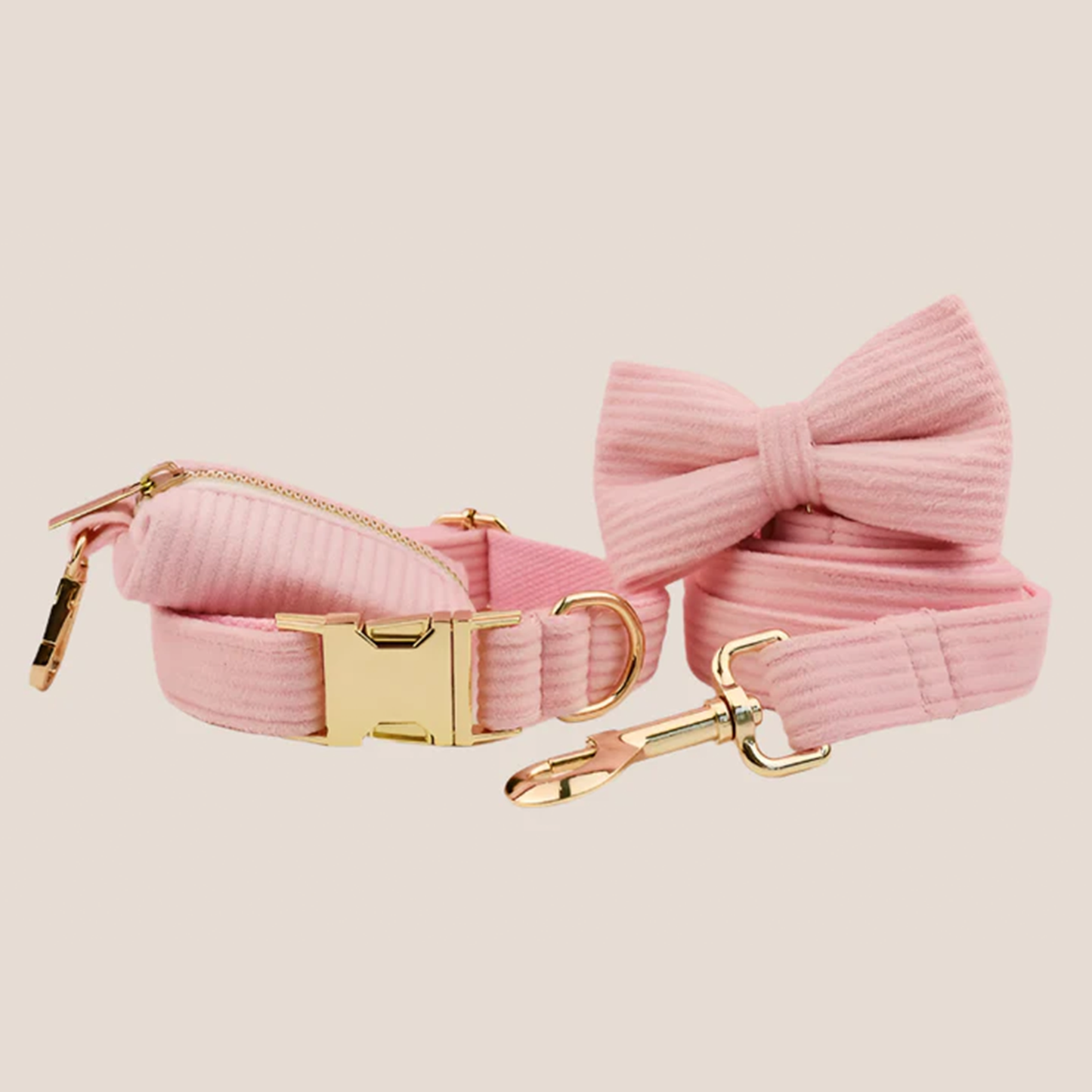 Personalized Pet ID Collar, Harness Leash & Accessories Set - Pink Corduroy