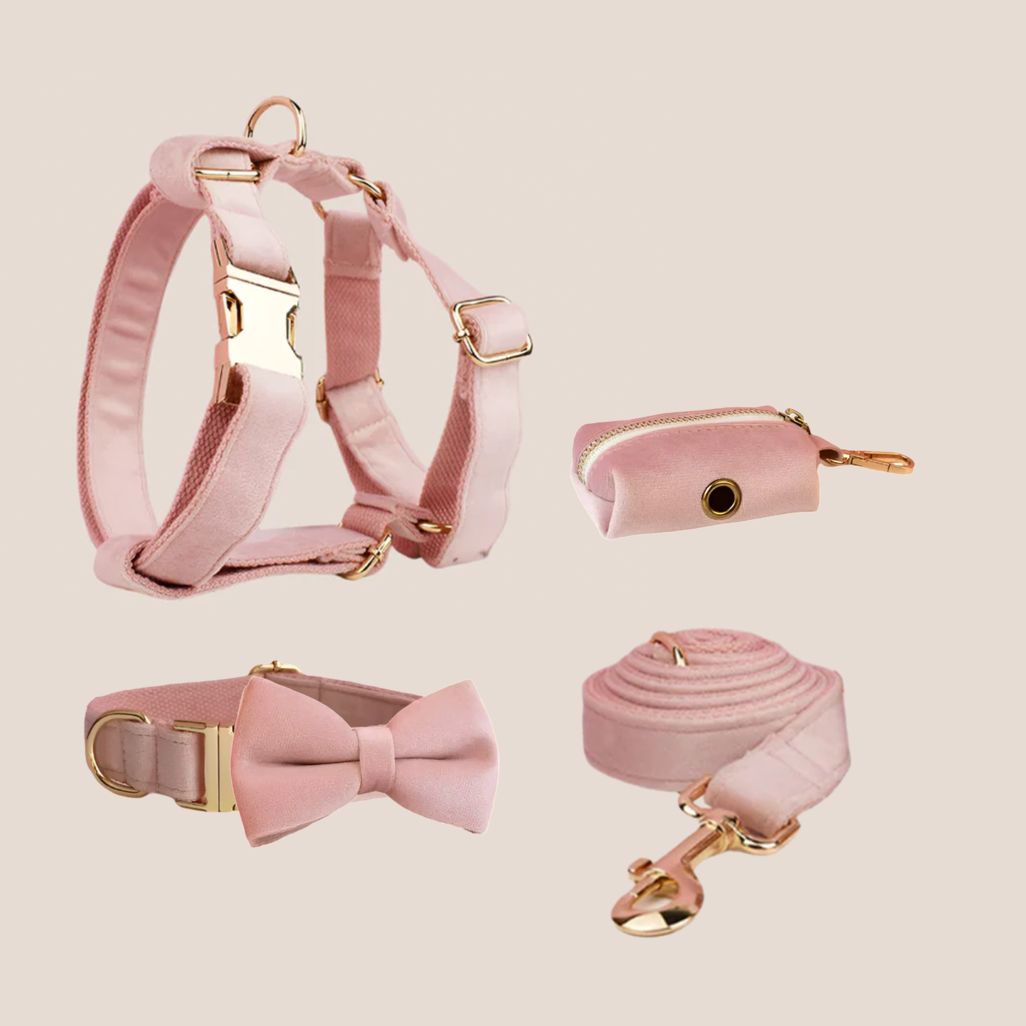 Personalized Pet ID Collar, Harness Leash & Accessories Set Pale Pink Velvet