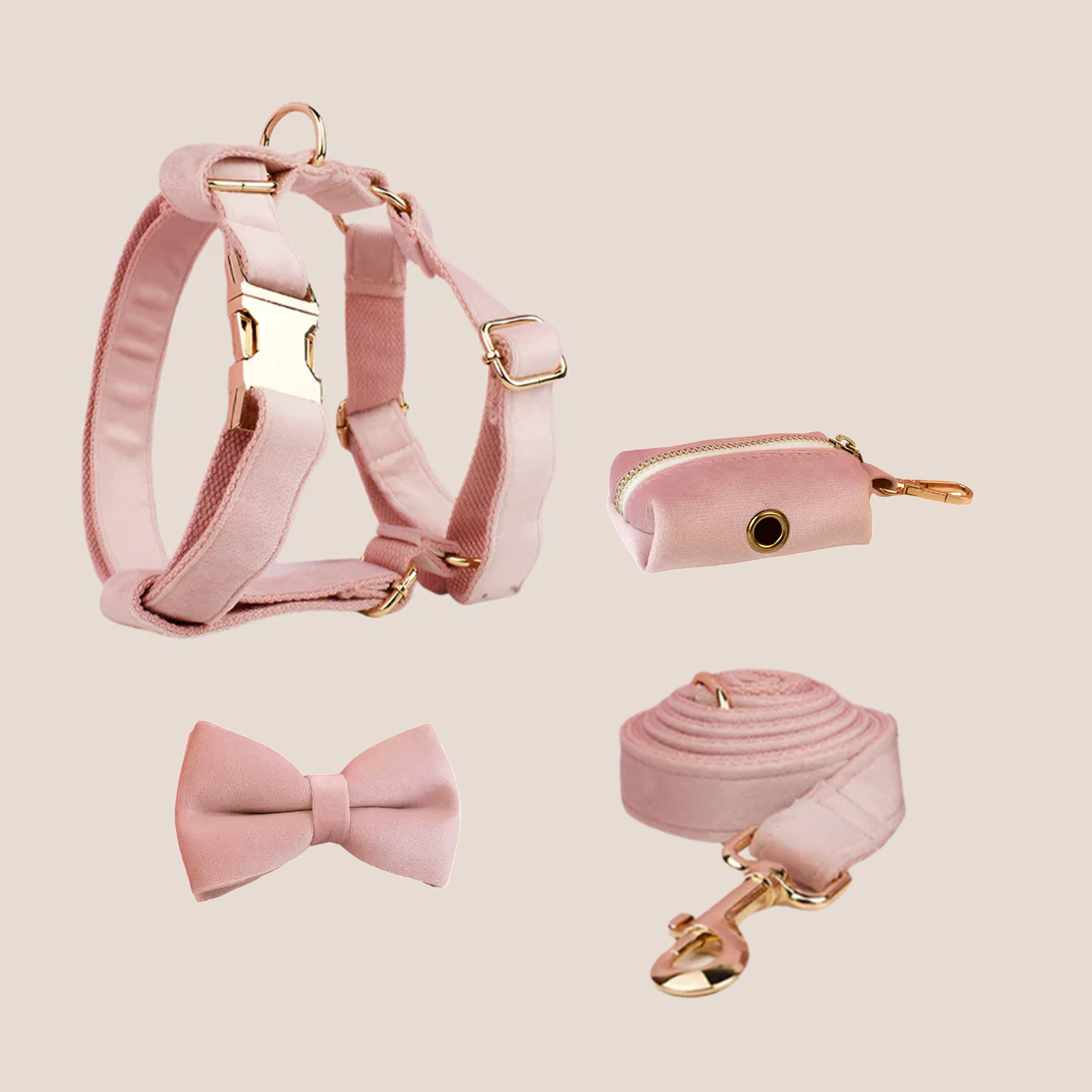 Personalized Pet ID Collar, Harness Leash & Accessories Set Pale Pink Velvet