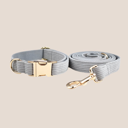 Personalized Pet ID Collar, Harness Leash & Accessories Set Grey Corduroy