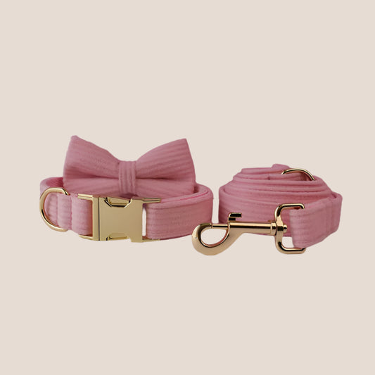 Personalized Pet ID Collar, Harness Leash & Accessories Set Royal Pink Corduroy