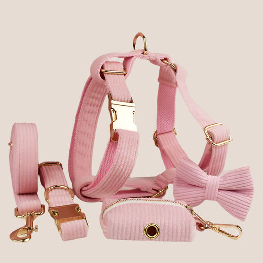 Personalized Pet ID Collar, Harness Leash & Accessories Set - Pink Corduroy