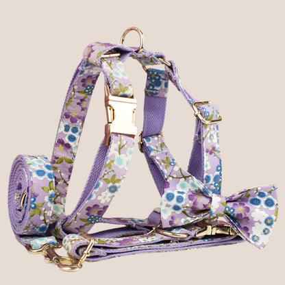 Personalized Pet ID Collar, Harness Leash & Accessories Set Purple Floral