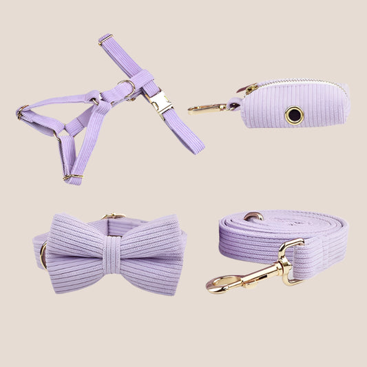 Personalized Pet ID Collar, Harness Leash & Accessories Set Lilac Corduroy