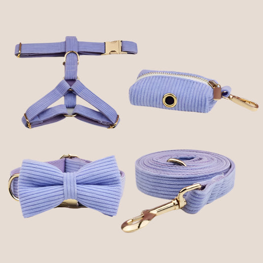 Personalized Pet ID Collar, Harness Leash & Accessories Set Purple Corduroy