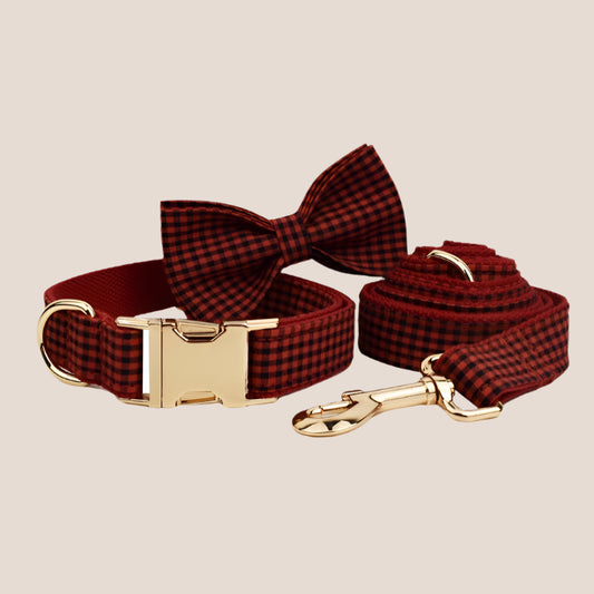 Personalized Pet ID Collar, Harness Leash & Accessories Set Red Checker