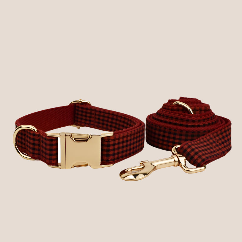Personalized Pet ID Collar, Harness Leash & Accessories Set Red Checker