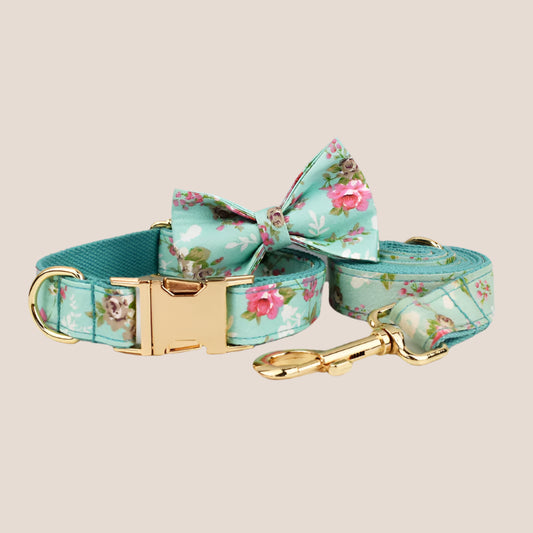 Personalized Pet ID Collar, Harness Leash & Accessories Set Mint Floral