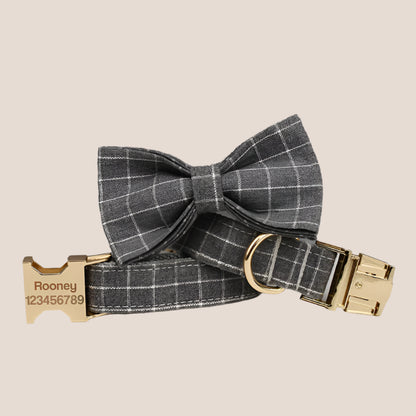 Personalized Pet ID Collar, Harness Leash & Accessories Set Grey Grid