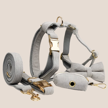 Personalized Pet ID Collar, Harness Leash & Accessories Set Grey Corduroy
