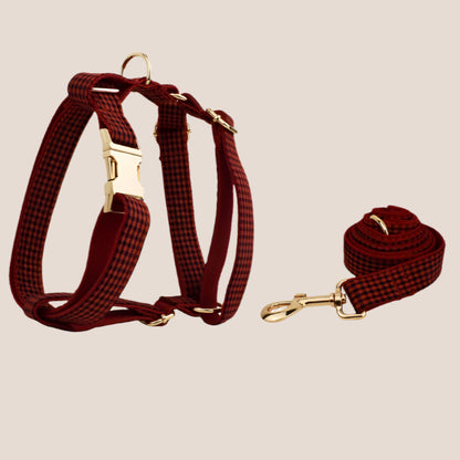 Personalized Pet ID Collar, Harness Leash & Accessories Set Red Checker