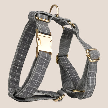 Personalized Pet ID Collar, Harness Leash & Accessories Set Grey Grid