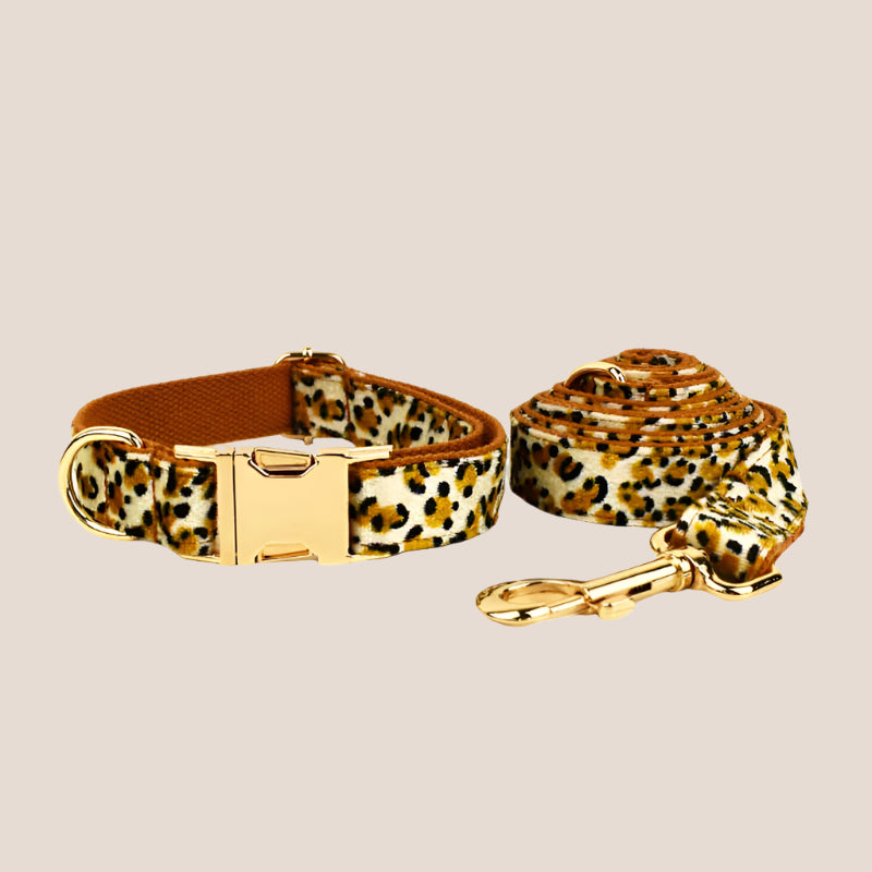 Personalized Pet ID Collar, Harness Leash & Accessories Set Royal Leopard Velvet