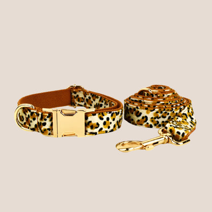 Personalized Pet ID Collar, Harness Leash & Accessories Set Royal Leopard Velvet