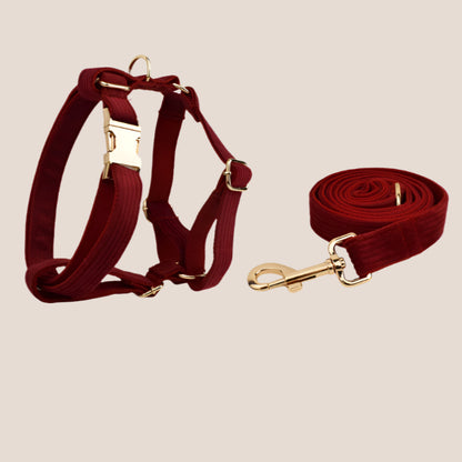 Personalized Pet ID Collar, Harness Leash & Accessories Set Maroon Corduroy