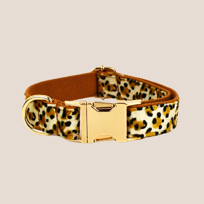 Personalized Pet ID Collar, Harness Leash & Accessories Set Royal Leopard Velvet