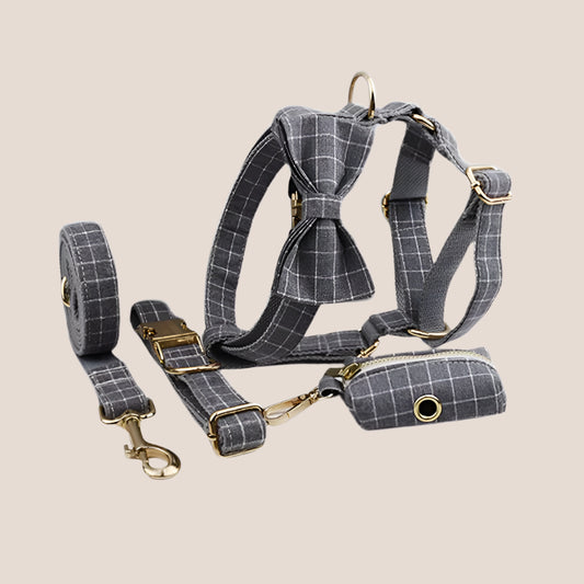 Personalized Pet ID Collar, Harness Leash & Accessories Set Grey Grid