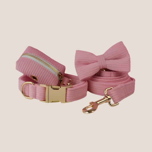 Personalized Pet ID Collar, Harness Leash & Accessories Set Royal Pink Corduroy