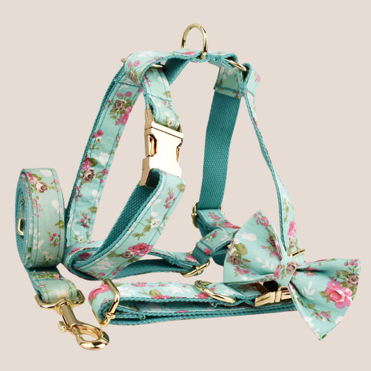 Personalized Pet ID Collar, Harness Leash & Accessories Set Mint Floral