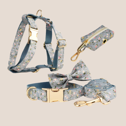 Personalized Pet ID Collar, Harness Leash & Accessories Set Blue Floral