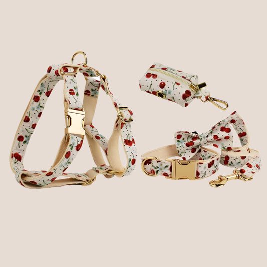 Personalized Pet ID Collar, Harness Leash & Accessories Set Cherry