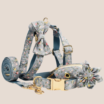 Personalized Pet ID Collar, Harness Leash & Accessories Set Blue Floral