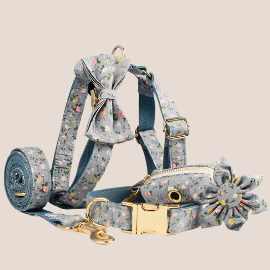 Personalized Pet ID Collar, Harness Leash & Accessories Set Blue Floral