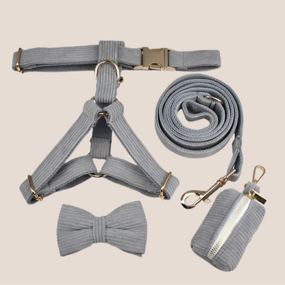 Personalized Pet ID Collar, Harness Leash & Accessories Set Grey Corduroy