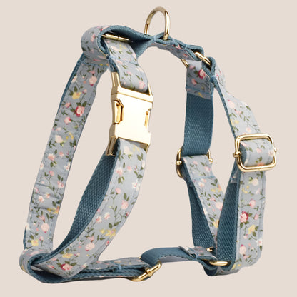 Personalized Pet ID Collar, Harness Leash & Accessories Set Blue Floral