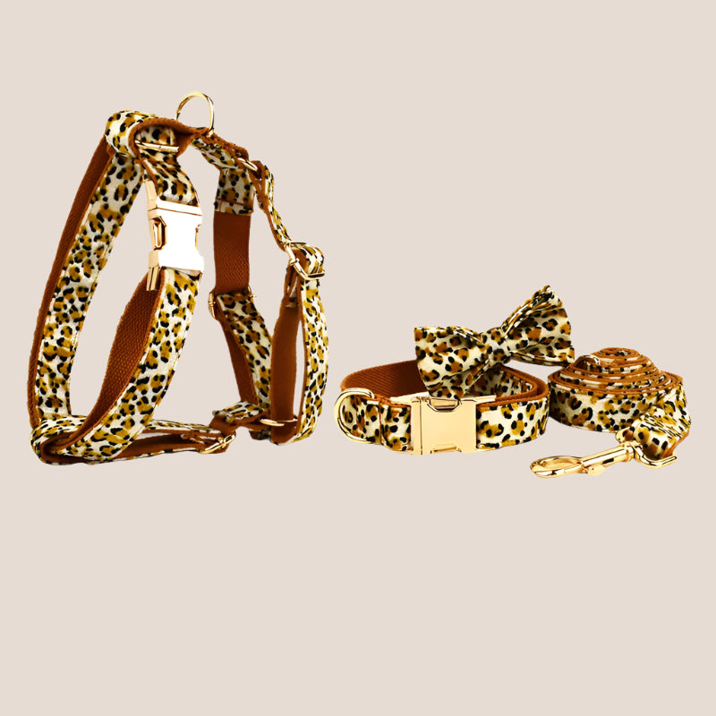 Personalized Pet ID Collar, Harness Leash & Accessories Set Royal Leopard Velvet