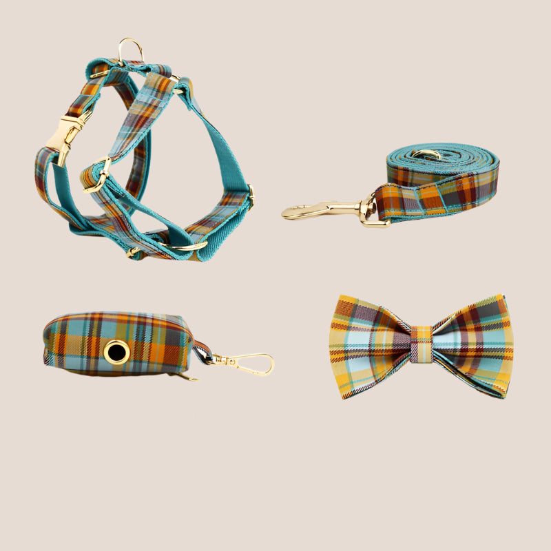 Personalized Pet ID Collar, Harness Leash & Accessories Set Teal Plaid