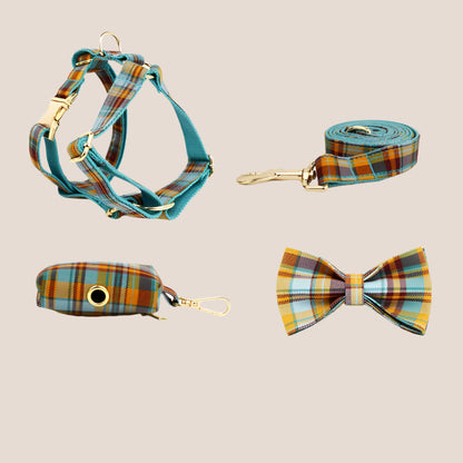 Personalized Pet ID Collar, Harness Leash & Accessories Set Teal Plaid
