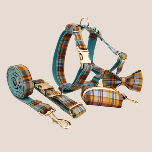 Personalized Pet ID Collar, Harness Leash & Accessories Set Teal Plaid