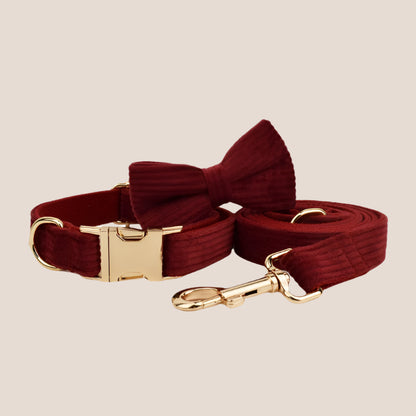 Personalized Pet ID Collar, Harness Leash & Accessories Set Maroon Corduroy
