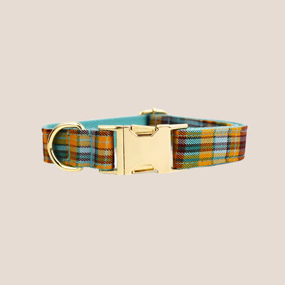 Personalized Pet ID Collar, Harness Leash & Accessories Set Teal Plaid
