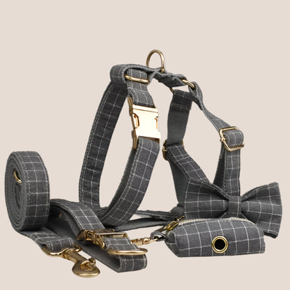 Personalized Pet ID Collar, Harness Leash & Accessories Set Grey Grid