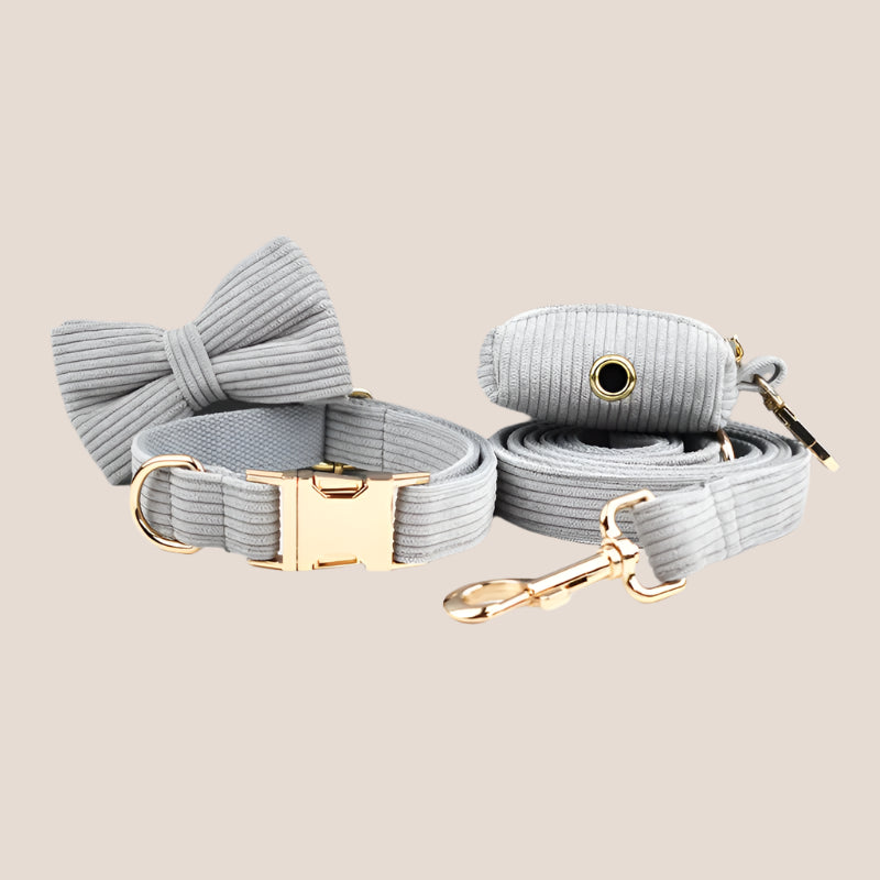 Personalized Pet ID Collar, Harness Leash & Accessories Set Grey Corduroy