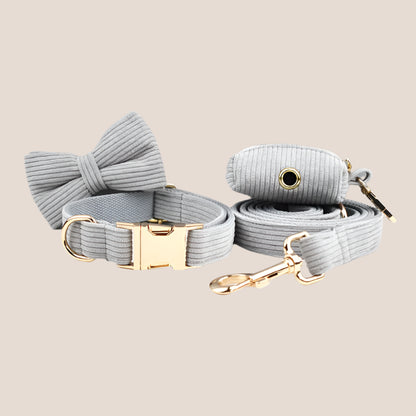 Personalized Pet ID Collar, Harness Leash & Accessories Set Grey Corduroy