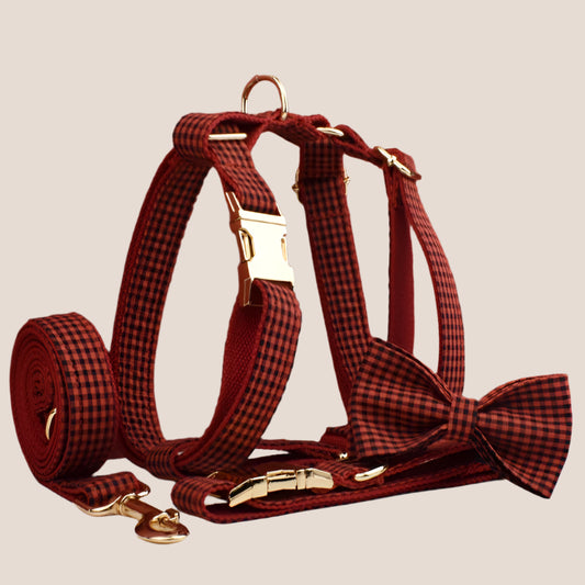 Personalized Pet ID Collar, Harness Leash & Accessories Set Red Checker