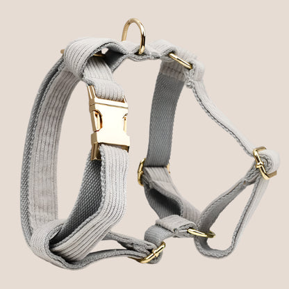 Personalized Pet ID Collar, Harness Leash & Accessories Set Grey Corduroy