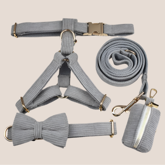 Personalized Pet ID Collar, Harness Leash & Accessories Set Grey Corduroy