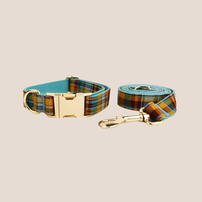 Personalized Pet ID Collar, Harness Leash & Accessories Set Teal Plaid
