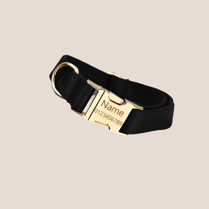 Personalized Pet ID Collar, Harness Leash & Accessories Set Black Satin