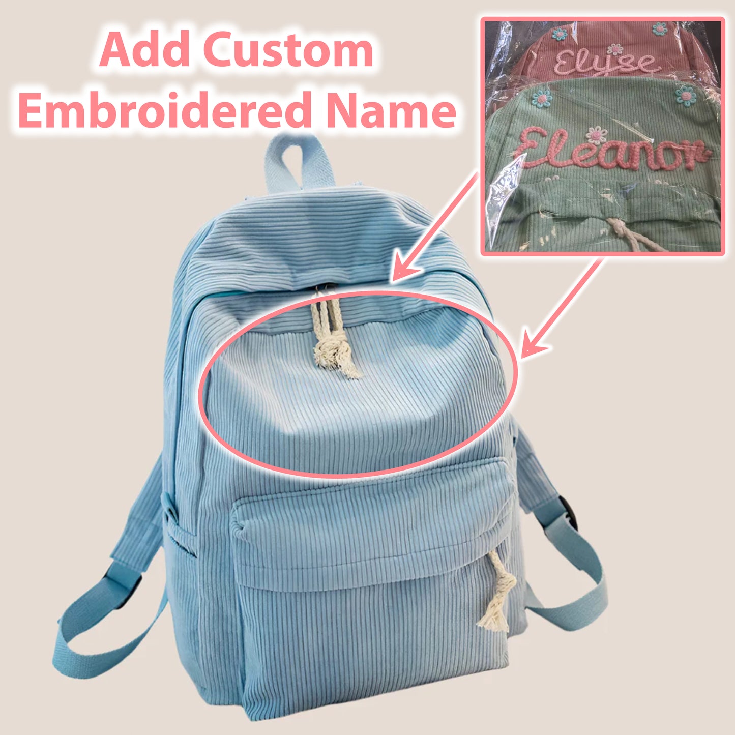 Personalized Embroidered Corduroy Backpack - Day Pack for Pets and Kids
