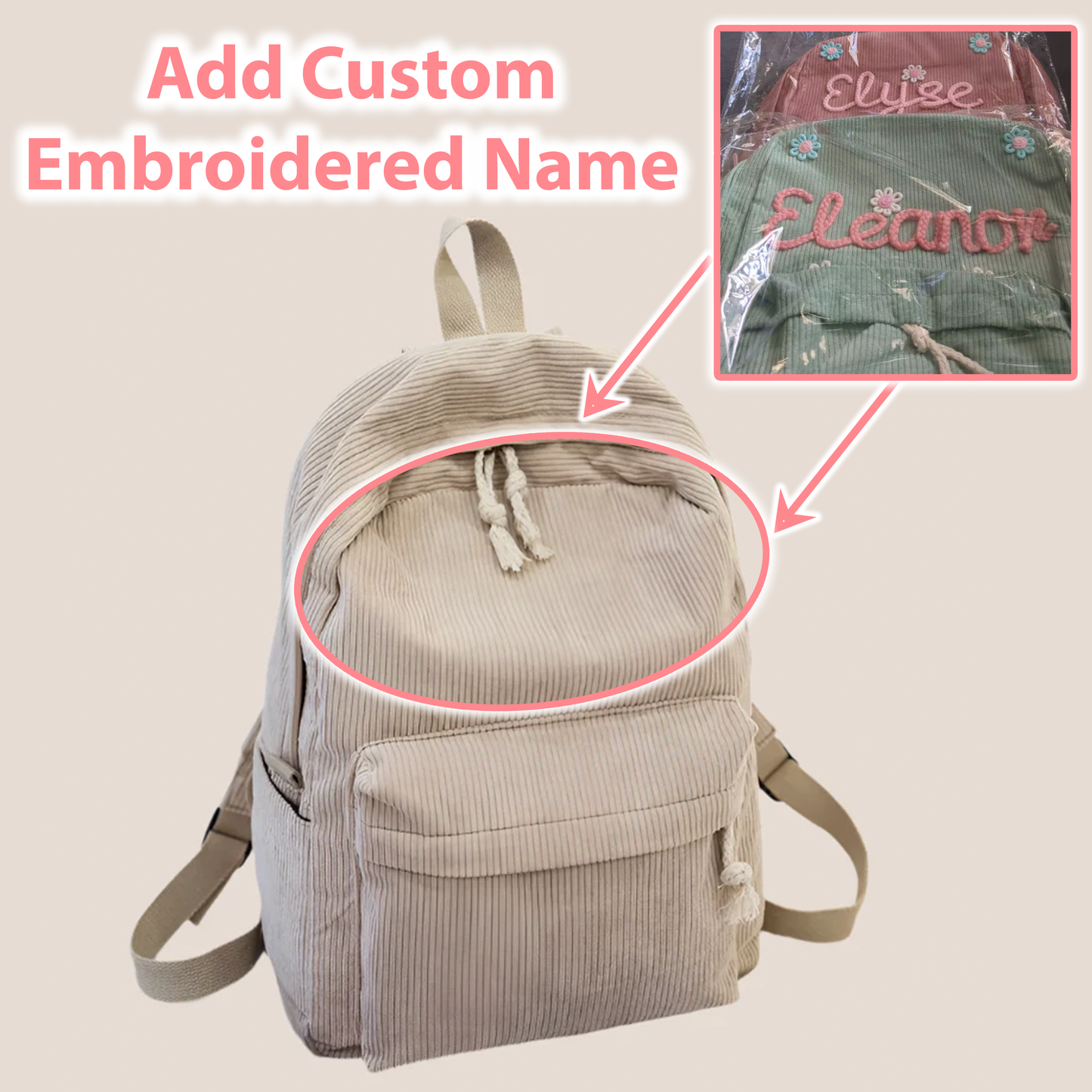 Personalized Embroidered Corduroy Backpack - Day Pack for Pets and Kids