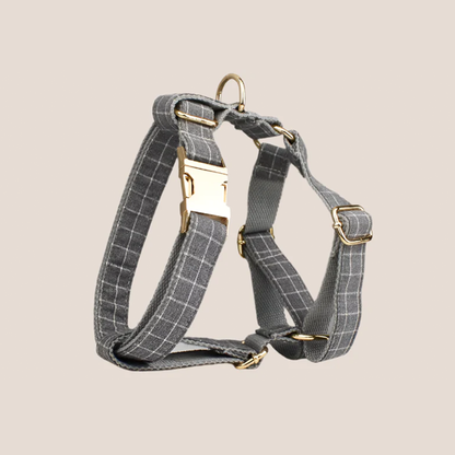 Personalized Pet ID Collar, Harness Leash & Accessories Set Grey Grid